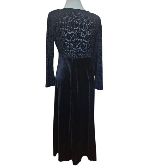 VTG 90s Black Velvet Long Dress‎ Midi To Maxi Longsleeve Gothic Sz L Stretchy - Picture 3 of 10
